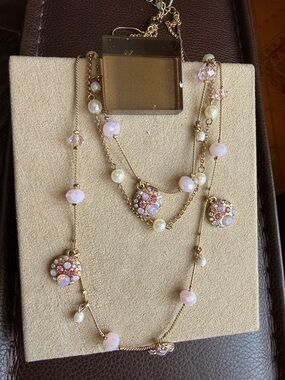 Betsey Johnson Gold-Tone Layered Necklace with Pink Crystals & Pearls